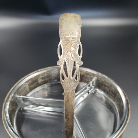 Art Nouveau Divided Glass Bowl with Distressed Silver Plate Holder Candy Snacks - Picture 13 of 16